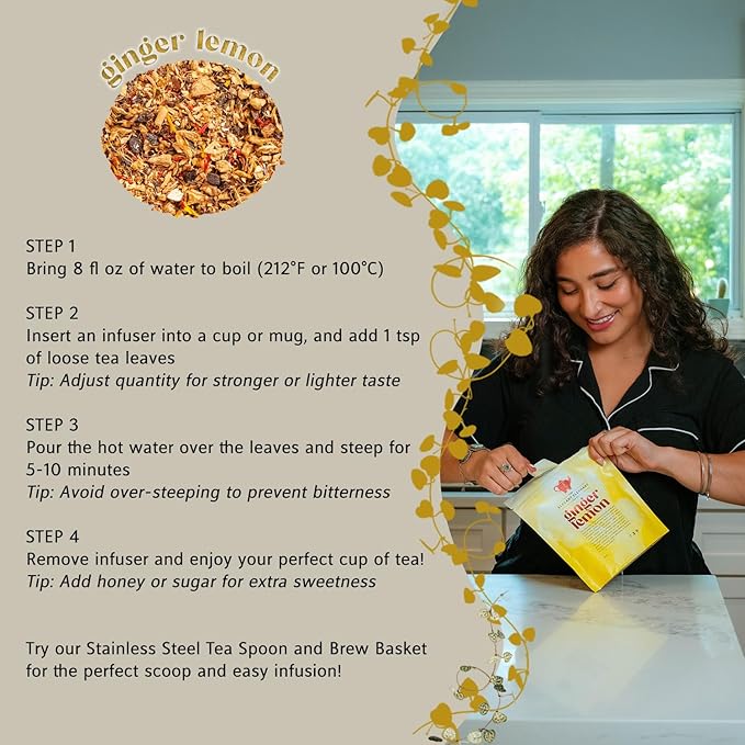 Ginger Lemon Tea, Loose Leaf Herbal Tea – Helps Reduce Nausea and Motion Sickness – Detox & Immunity Support – Drink Hot or Iced – 4 oz Resealable Bag (Makes 50 Cups) – The Elegant Elephant