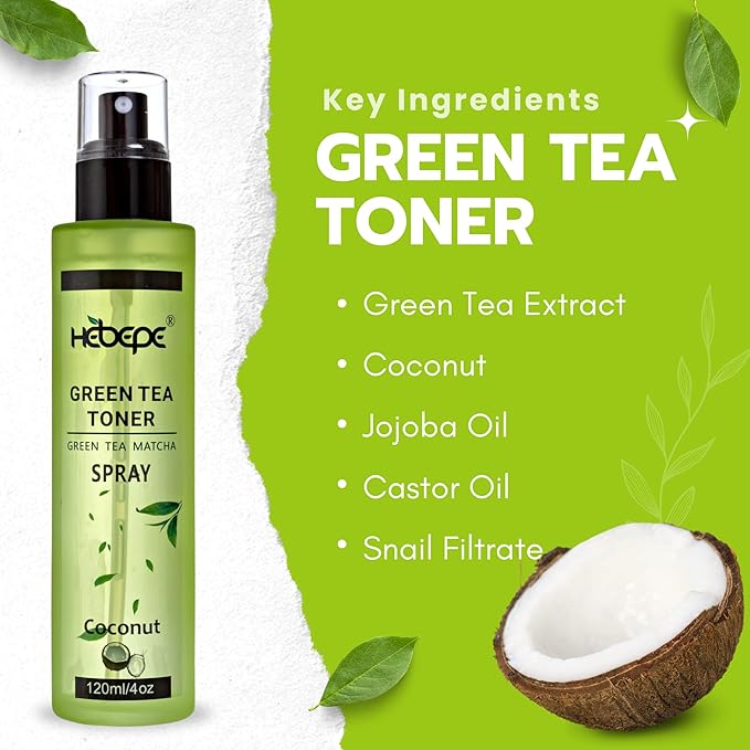 Green Tea Matcha Facial Toner Mist with Coconut Water, Refreshing, and Soothing Face Toner, with Jojoba Oil, Castor Oil, Snail Filtrate,120ml