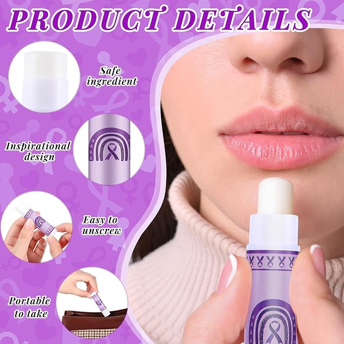 50 Set Overdose Awareness Lip Balms Gifts with 50 Organza Bags 50 Purple Awareness Ribbon Pins Raise Awareness for Domestic Violence Pancreatic Cancer Lupus Alzheimer's Awareness