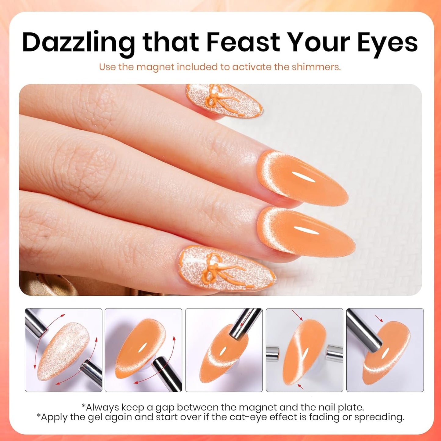 Beetles Orange Cat Eye Gel Polish, 15ML Orange Cat Eye Glitter Gel Polish with Magnet Soak Off UV Shimmer Velvet Gel Twilight Glow Series French Nail Art Design Manicure Gifts for Women