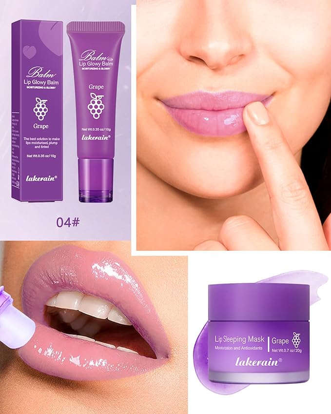 2Pcs Lip Glowy Balm & Lip Sleeping Mask Set,Hydrating Nourishing Repair Sleeping Lip Mask,Glossy Tinted Lip Balm,Day & Night Smooth Cracked Chapped Dry Lip,Lip Care Therapy Treatment for Women-04Grape