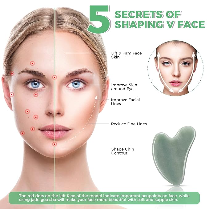 Gua Sha Guasha Facial Tools - Guasha Tool for Face Gua Sha Jade Stone Larbois Gua Sha Scraping Massage Tool for Face and Body SPA Acupuncture Therapy Relieve Muscle Tension Reduce Puffiness (Green)