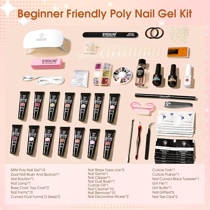 ROSALIND Poly Nail Gel Kit -14 Colors +72 Nail Art Accessories kit Clear Nude Poly Nails Gel Kit Starter Kit with Mini UV Lamp Slip Solution Basic Tools for Beginners with Everything