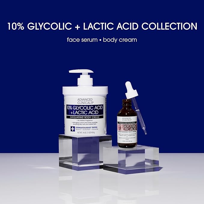 Advanced Clinicals 10% Glycolic Acid + Lactic Acid Lotion Exfoliant Moisturizing Cream With Hyaluronic Acid Moisturizer | AHA Exfoliating Body Cream Improves Look Of Uneven Rough Skin Texture, 2-Pack