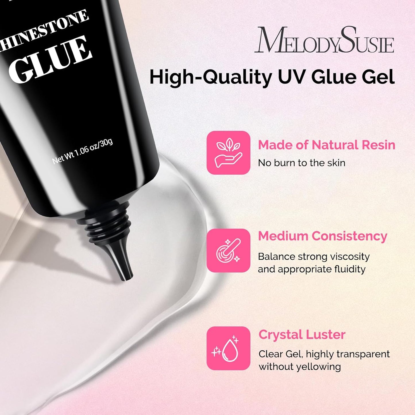 MelodySusie Nail Rhinestone Glue for Nails Super Strong Gel for Nail Charms Gems 3D Nail Gel UV Nail Glue for Nail Art Design Nail Chrome Powder Decals Decor Need UV/LED Cured 60g