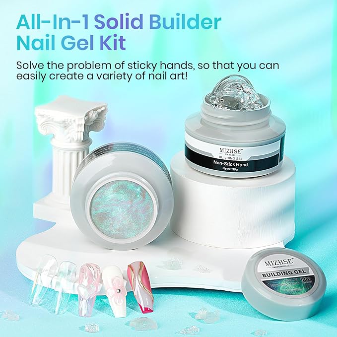MIZHSE Solid Builder Gel for Nails – 2PCS 1oz Mermaid Pearl & Clear Hard Gel Kit with Nail Forms 3D Mold Soak-off U V 3D for Nails Extension for Salon Manicure Home DIY
