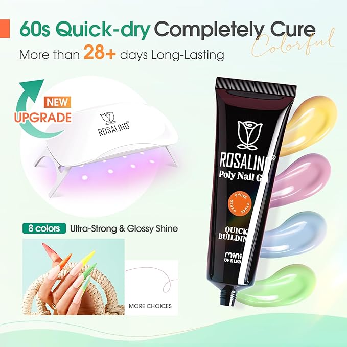 ROSALIND 8PCS Poly Nail Gel Kit with Mini Nail Lamp Clear Nude Poly Nails Gel Kit Starter Kit Nude Pink Nail Extensions Gel Set