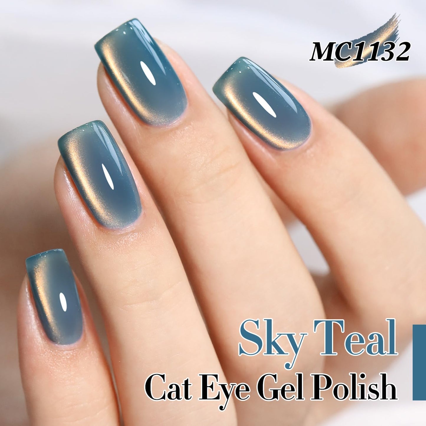 Double Rhythm 15ML Ice Glass Cat Eye Gel Polish with Magnet Holographic Glitter Shimmer Translucent Sheer Color Salon Soak Off Magnetic Nail at Home (SKy Teal-MC1132)