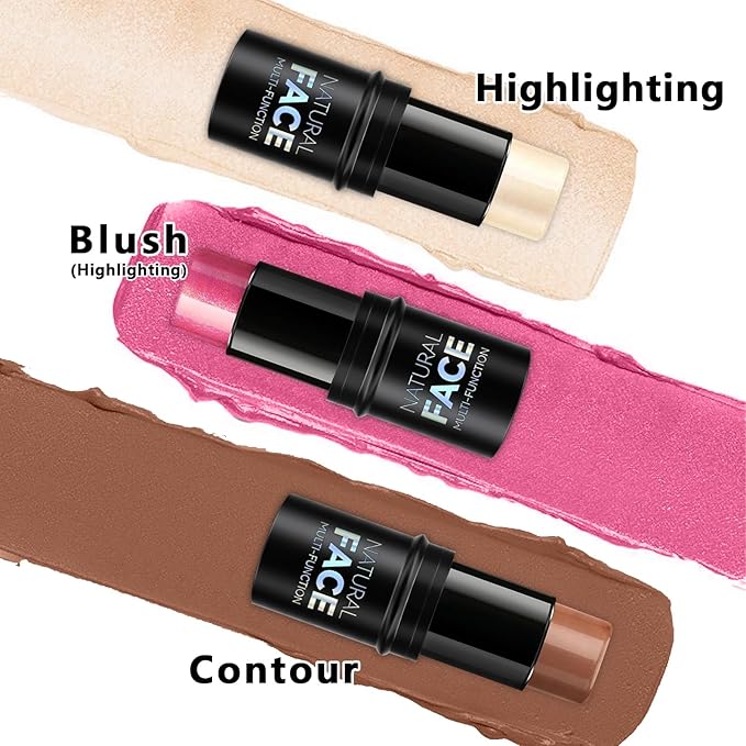 3Pcs Cream Contour Stick Makeup Kit, Shades with Highlighter Stick, Blush Stick and Bronzer Contour Stick for Sculpt the Cheeks, Long Lasting, Waterproof, Matte & Dewy Finish (LIGHT)