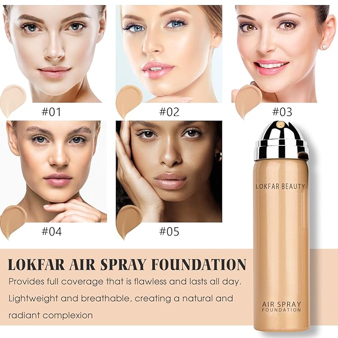 AirBrush Foundation Spray, Silky Mist Foundation Spray Makeup Set with Brush, Full Coverage Foundation for Smooth Radiant Finish, Formula Breathable Lightweight Hydrating | #01 Porcelain