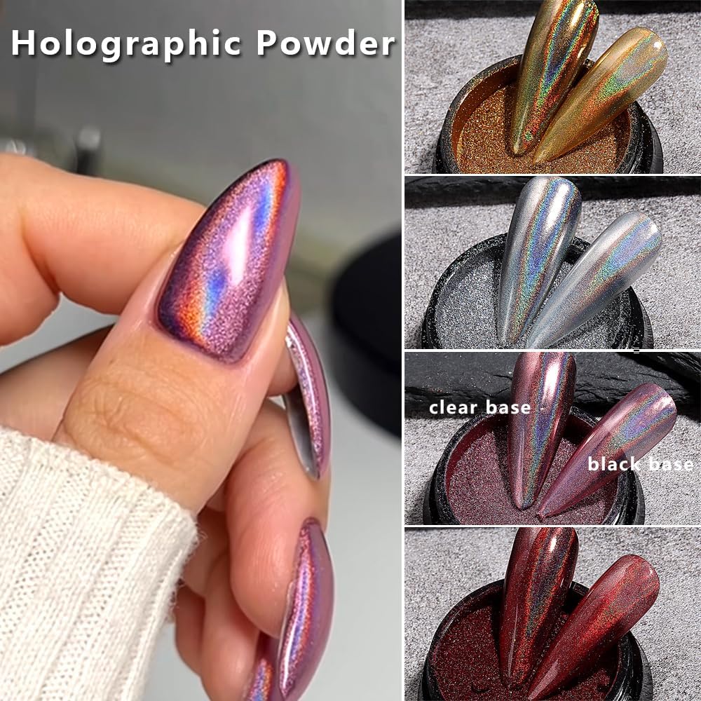 16 Colors Chrome Nail Powder Set, Metallic Mirror Effect Holographic Aurora Chameleon Pigment Glitter for Gel Polish Manicure Nail Art Decorations