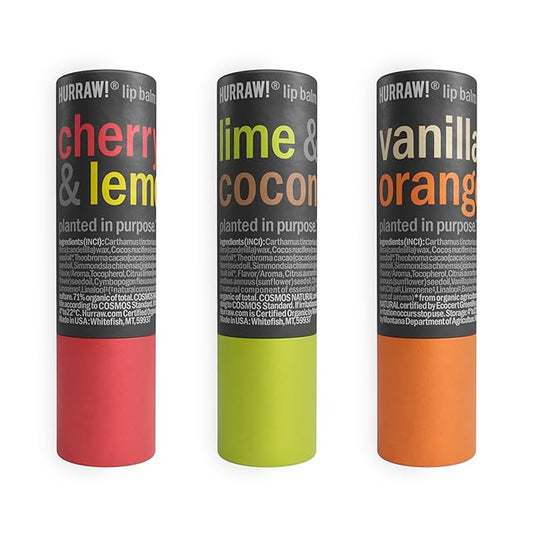 Hurraw! Cherry Lemon, Lime Coconut, and Vanilla Orange Lip Balm 3 Pack Bundle: Plastic-Free with new cardboard push-up tube. Certified Organic, Natural & Vegan. Bee, Shea, Soy & Palm Free. Made in USA