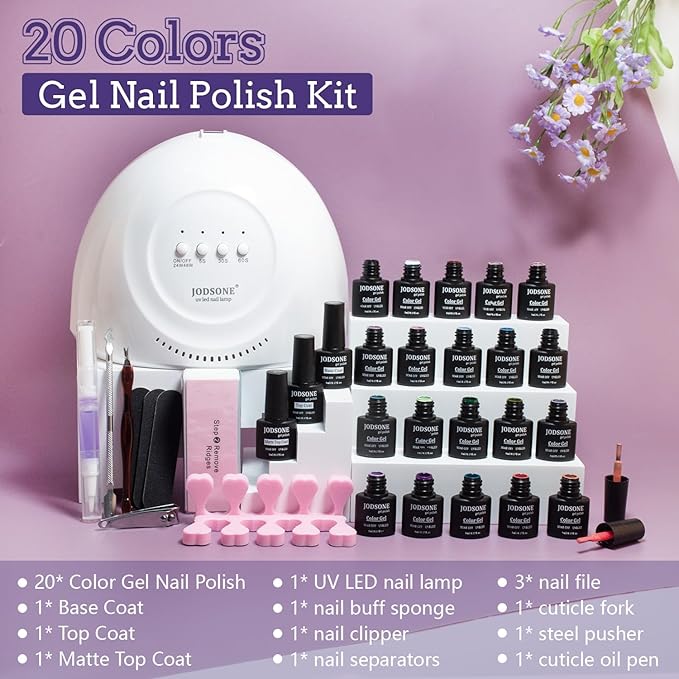 JODSONE 20 Colors Gel Nail Polish Kit with U V Light Base Top Matte Coat High Shine Vibrant Nail Gel Equipped with Manicure Tools