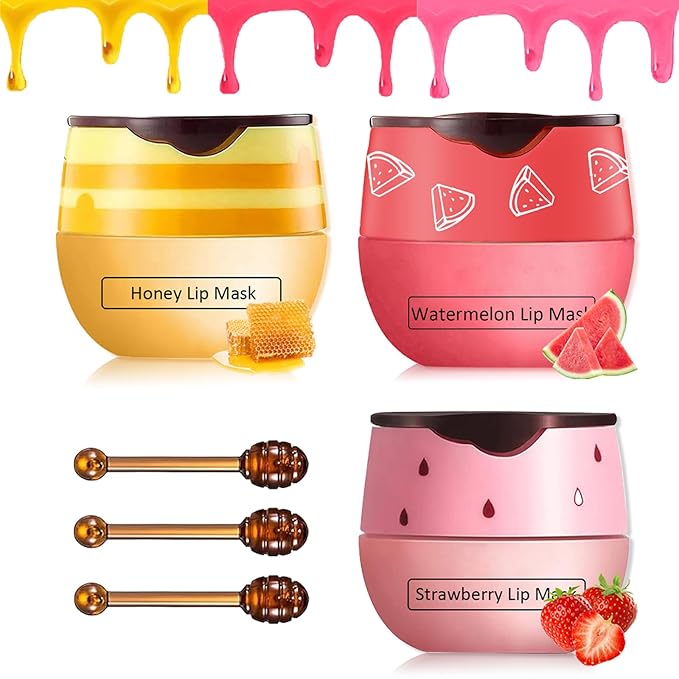 3 Pcs Bee Lip Balm Honey Pot,Honey&Strawberry&Watermelon Lip Sleeping Mask Hydrating Prevention Dry and Cracked Lip Scrubs Exfoliator Lip Care,Lip Mask Overnight Reduces Lip Lines