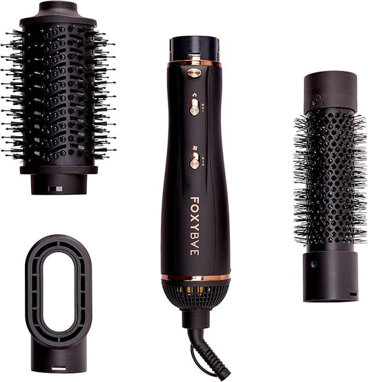 FoxyBae 3-in-1 Ceramic Interchangeable Hair Tools - Blowout Dryer - 3 Detachable Heads: 2.4" Blowout Brush, 1.5" Hot Round Brush & Drying Cylinder Hair Dryer Brush & Hair Styling Set [Black Rose-Gold]