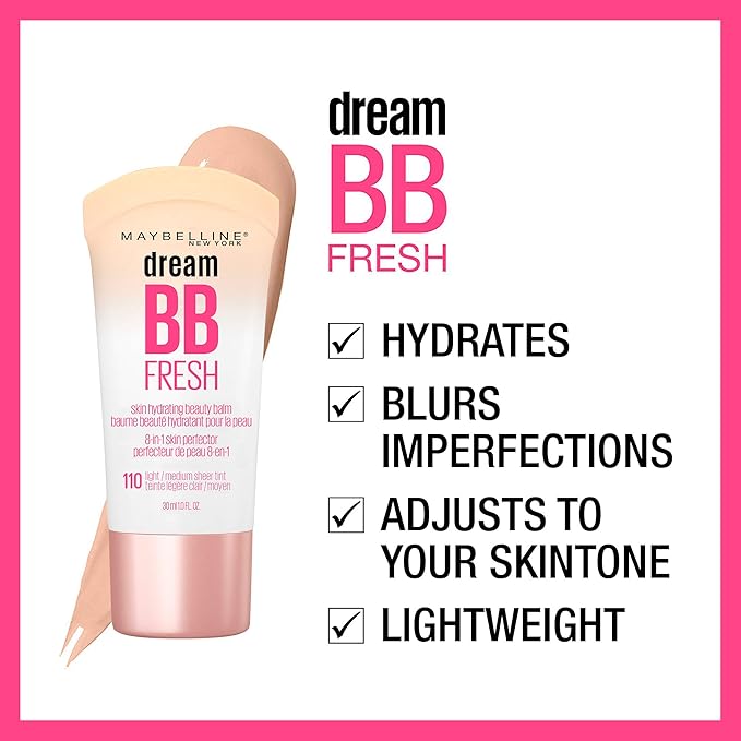 Maybelline Dream Fresh Skin Hydrating BB cream, 8-in-1 Skin Perfecting Beauty Balm with Broad Spectrum SPF 30, Sheer Tint Coverage, Oil-Free, Medium, 1 Fl Oz
