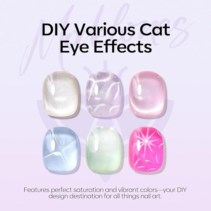 Modelones Cat Eye Gel Nail Polish, 6 Colors Glitter Summer Pink Blue Green Blue Gel Polish Set with Magnet Sparkle Translucent Nail Polish Kit Soak Off Led Nail Art Manicure Salon DIY Gifts