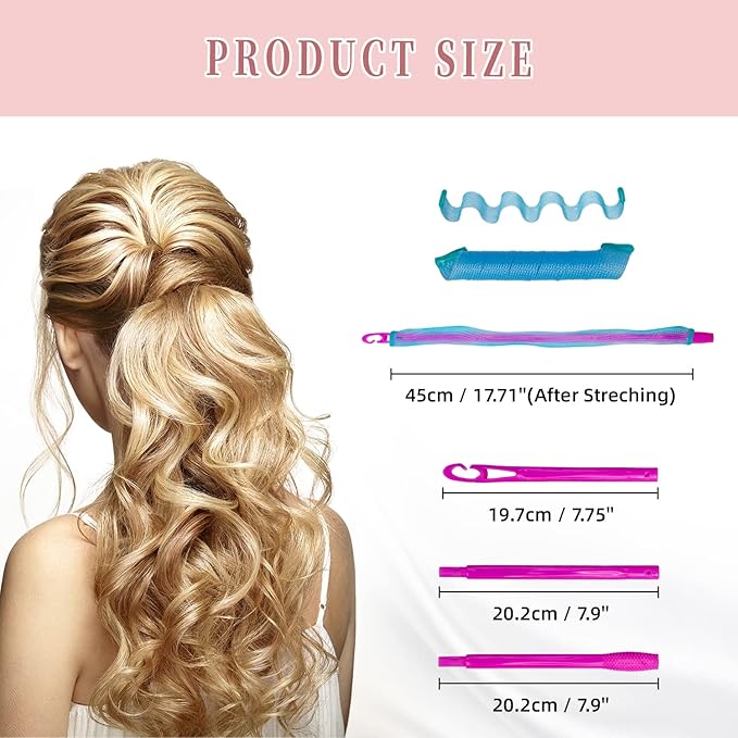 30pcs Wave Curlers Rollers Kit with Styling Hooks, Heatless Spiral Curls for Medium and Long Hair 17.8(45 cm)