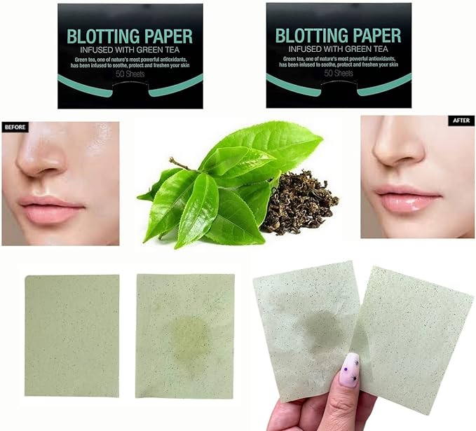 2 Pks GREEN TEA INFUSED Soothing Natural Abaca Blotting Paper - 100 Oil Blotting Sheets - Makeup Friendly UNISEX Oily Skin Shine Blotter Photography Zoom Meetings Travel Gym School - MADE IN TAIWAN