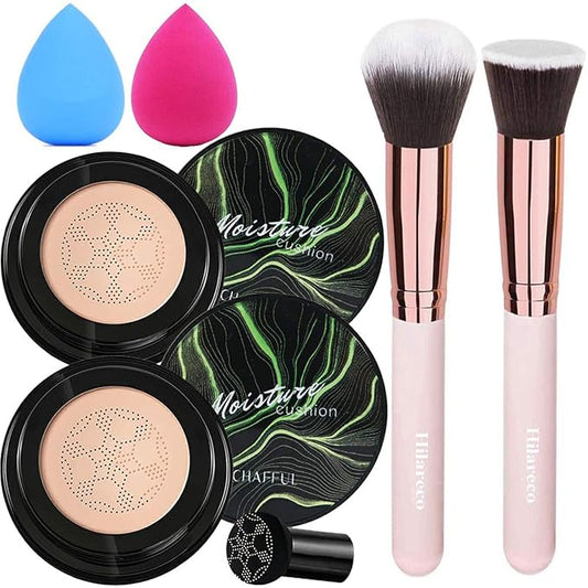 2 PCS Mushroom Head Air Cushion CC Cream Nature Foundation,Foundation Brush Powder Brush,Moisturizing Concealer, Bright Makeup Base Long Lasting (#02 Natural+#03 Warm Nude)