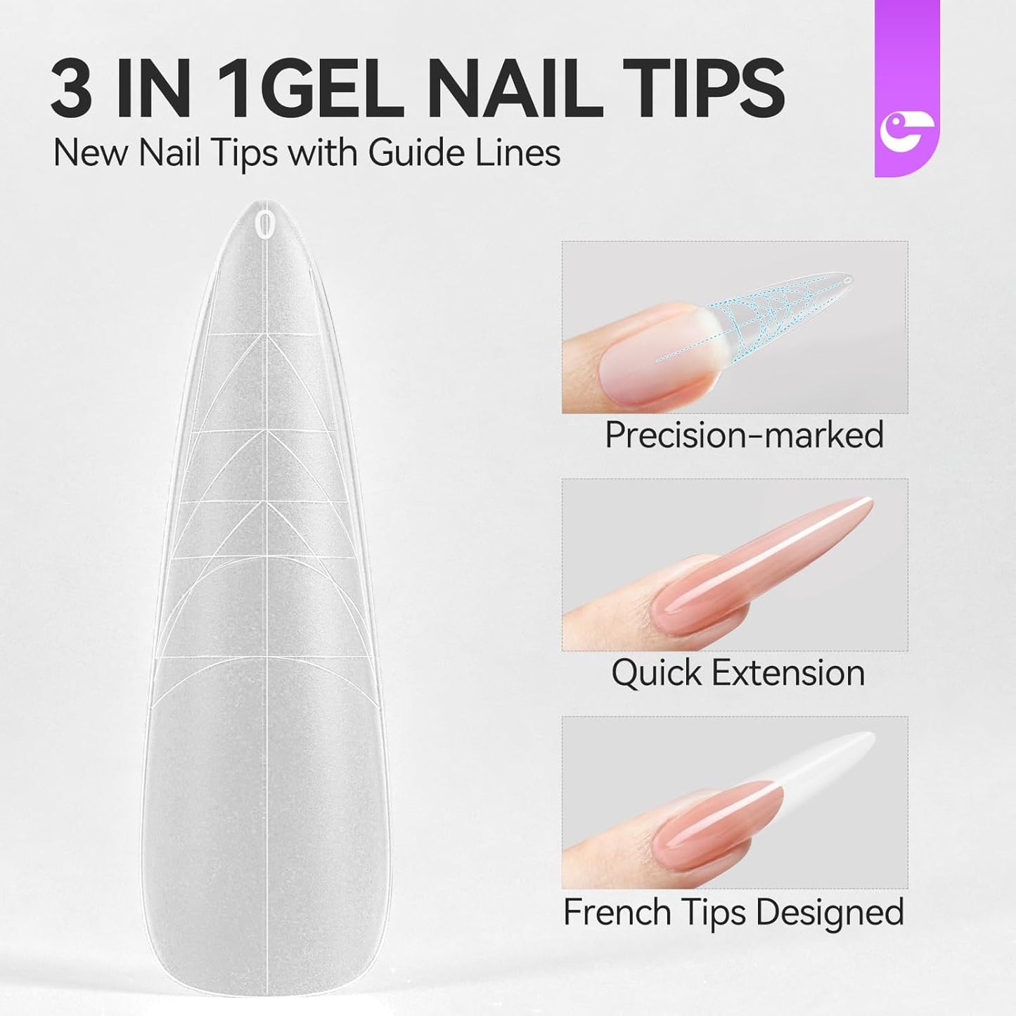 XXL Almond Gel Nail tips: 3 in 1 Gelike ec French Full Matte Guiding Line Nail Tips, Extra Long Gel Nails with Auxiliary Positioning Line, Nail Extension Tips for Beginners 84 Pcs 10 Sizes