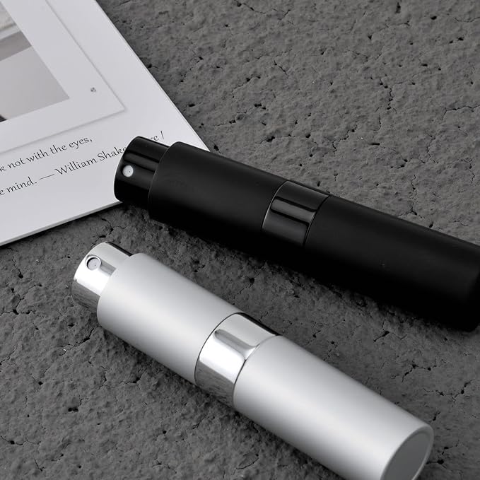 2 PCS/8ml Portable Mini Perfume Atomizer bottles, Empty Refillable Spray Bottle with 3 Types of Refill Tools, Pocket Travel Perfume Sample Bottles(Matte Black&Silver)