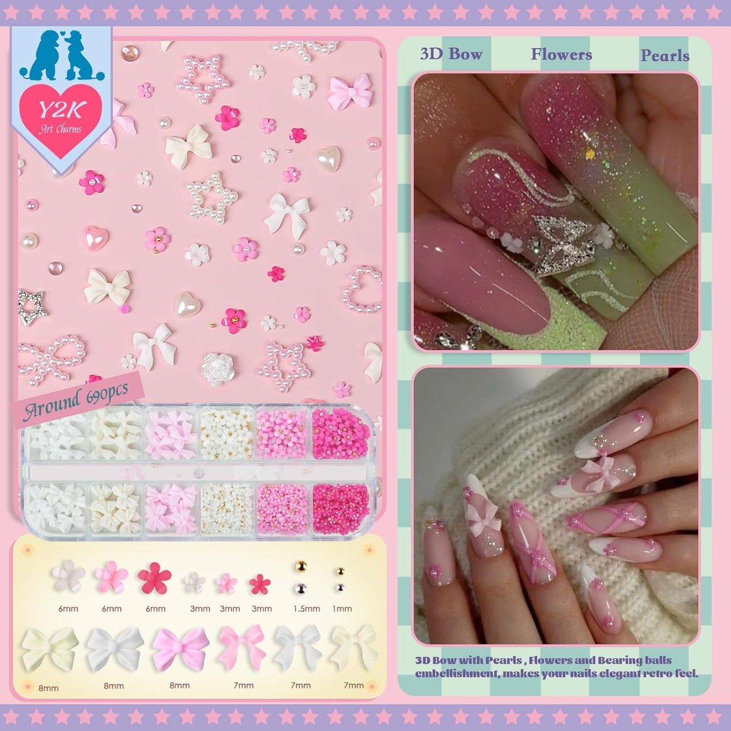 Rhinestones, AB Crystal Nail Gems Pink Opal Nail Rhinestones with Aurora Bubble Beads Pearls Star Heart Bows Nail Charms and Rhinestone Picker Tools for Kwaii Y2K Nail Art Decor - 3 Boxes