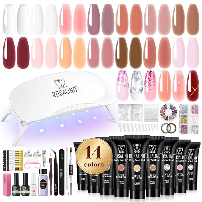 ROSALIND Poly Nail Gel Kit -14 Colors +72 Nail Art Accessories kit Clear Nude Poly Nails Gel Kit Starter Kit with Mini UV Lamp Slip Solution Basic Tools for Beginners with Everything