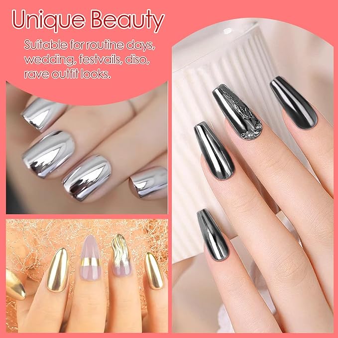 Allstarry Chrome Nail Powder, Metallic Mirror Effect Pigment Chrome Holographic Nail Glitter Magic Unicorn Glitter Dust Kit for Manicure Valentines Nail Art Decoration- Pink Silver Grey Series