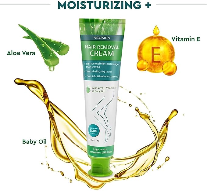 Hair Removal Cream for Men & Women : Painless Depilatory for Sensitive Skin & Intimate Areas, Moisturizing with Aloe Vera & Vitamin E, Safe for Face, Underarms, Bikini, Arms, Legs