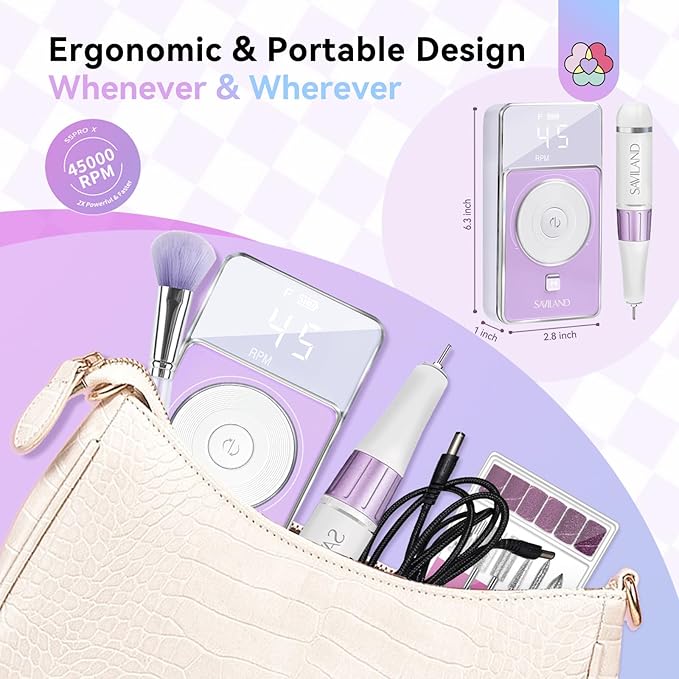 SAVILAND SSPro X-Drill Nail Drill Professional: 45000 RPM Quick Removal for Acrylic Nails Electric Nail File 3000 mAh Nail Drill Kit Portable EFile with Ceramic Bits Sanding Bands Nail Tech Salon