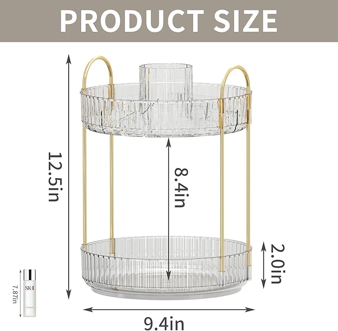 360° Rotating Makeup Organizer, Large-Capacity Skincare Make Up Storage 2 Tier Perfume Organizers Cosmetic Dresser Organizer with Makeup Brush Holder, Fits Bedroom, Bathroom, Vanity Shelf Countertop