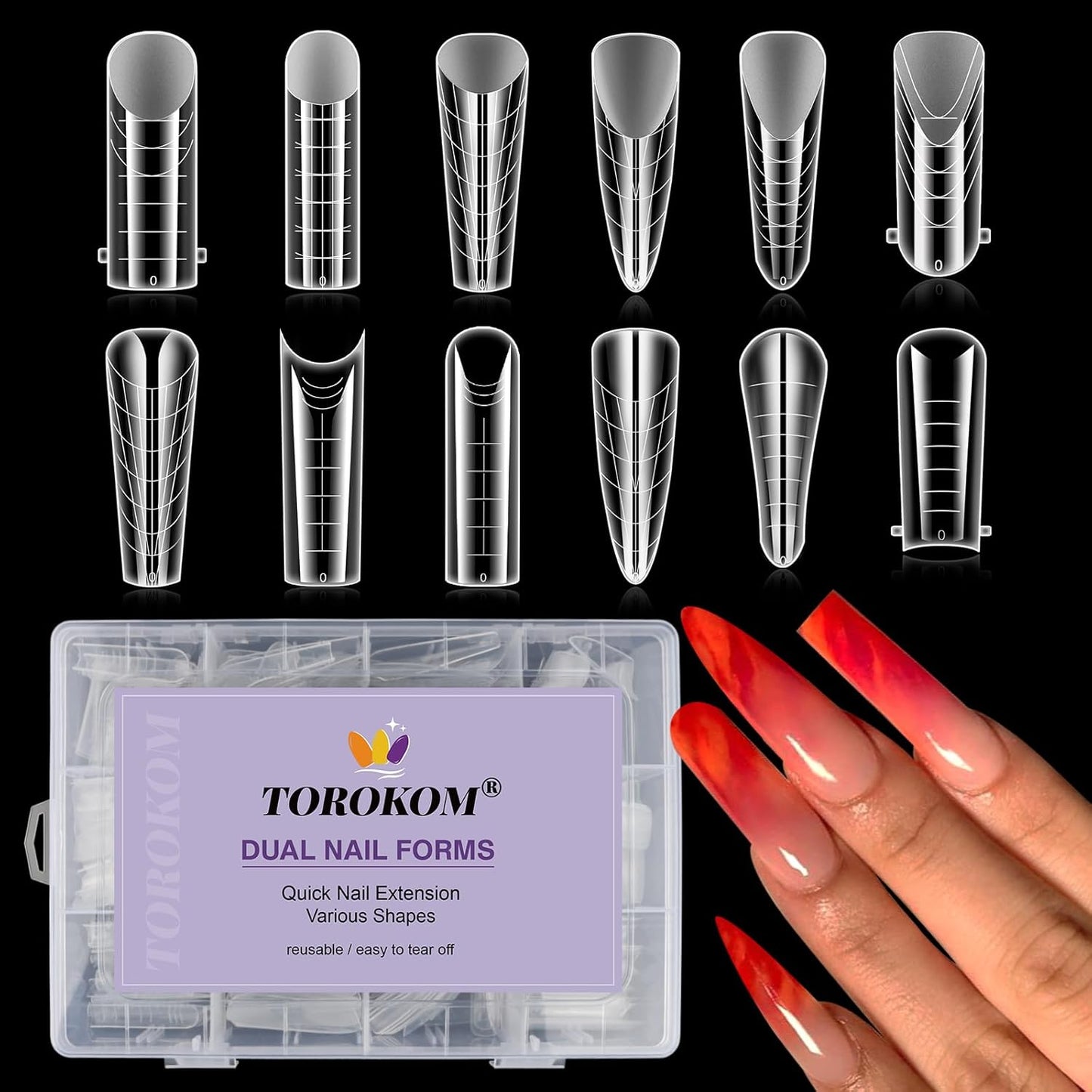 TOROKOM Dual Forms for Poly Nail Gel 288PCS Dual Nail Forms Molds Stiletto Coffin Ballerina Acrylic Nail Tips 12 Shapes for Builder Gel Manicure Nail Art Design Salon DIY at Home