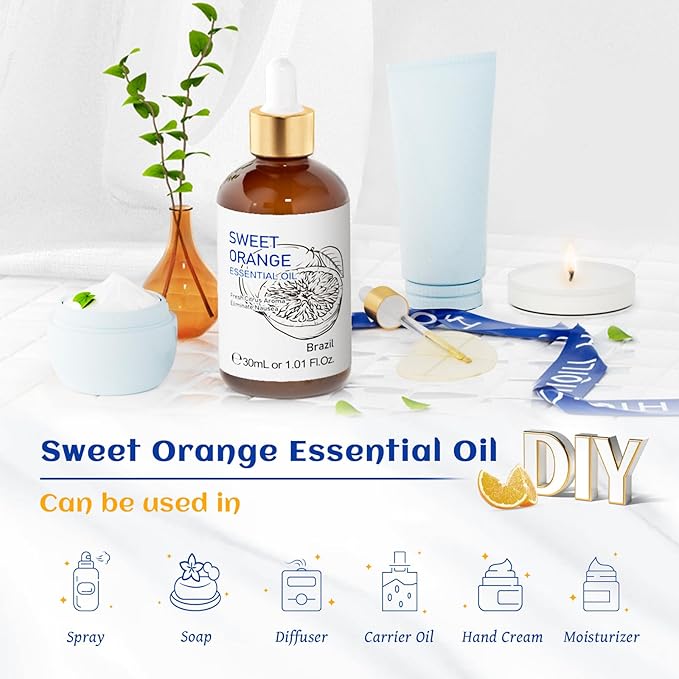 HIQILI 30ML Sweet Orange Essential Oil - Pure and Natural for Diffuser, Skin - 1 Fl Oz