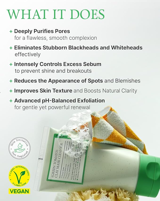 FULLY Green Tomato Pore Detox Clay Mask Cleanser, Pore Minimizing, Blackhead Care, Sebum Control, Exfoliation, Vegan, Face Wash, Sensitive Skin, Korean Skincare 4.05 fl.oz