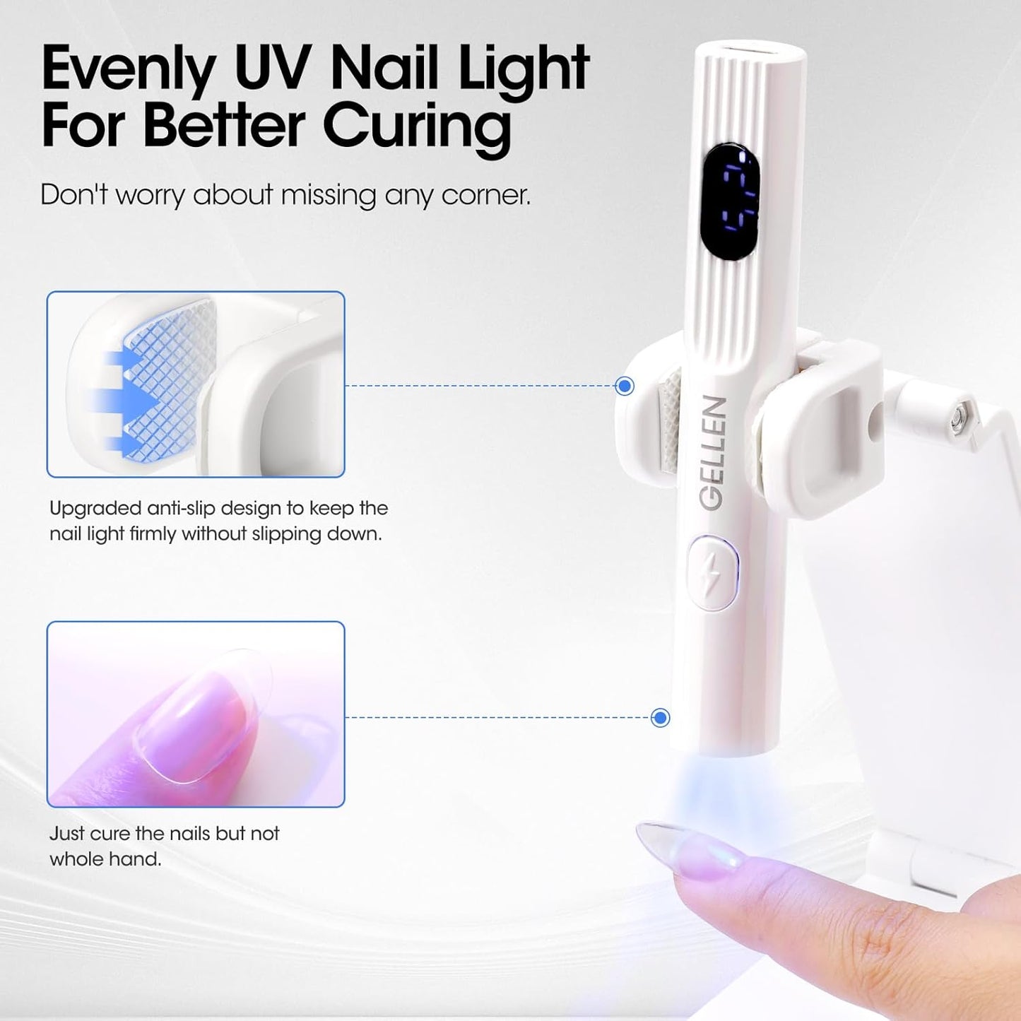 Gellen Portable Mini UV Light for Gel Nails, Handheld UV Nail Lamp with Base, 3 Timer Settings, LCD Display, Fingernails Curing Nail U V Light