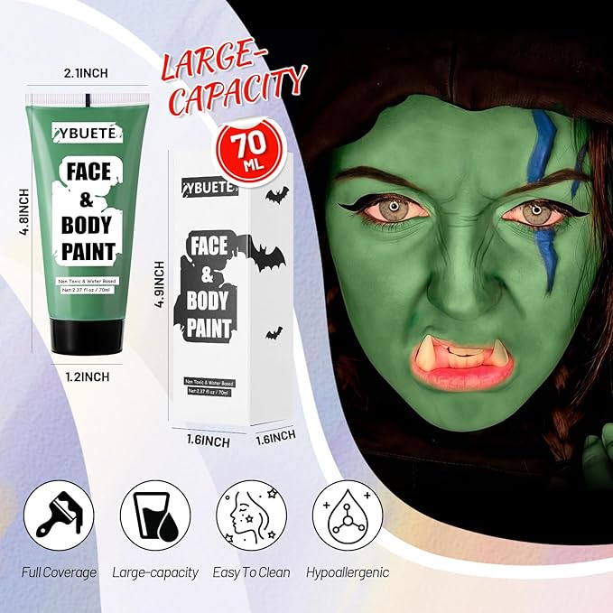 Green Water Based Face Body Paint for St. Patrick’s Day, 2.37 OZ Large Tube Full Coverage Face Paint for Cosplay Gamora Hulk Witch, Washable Green Body Painting Cream Adult Halloween SFX Makeup
