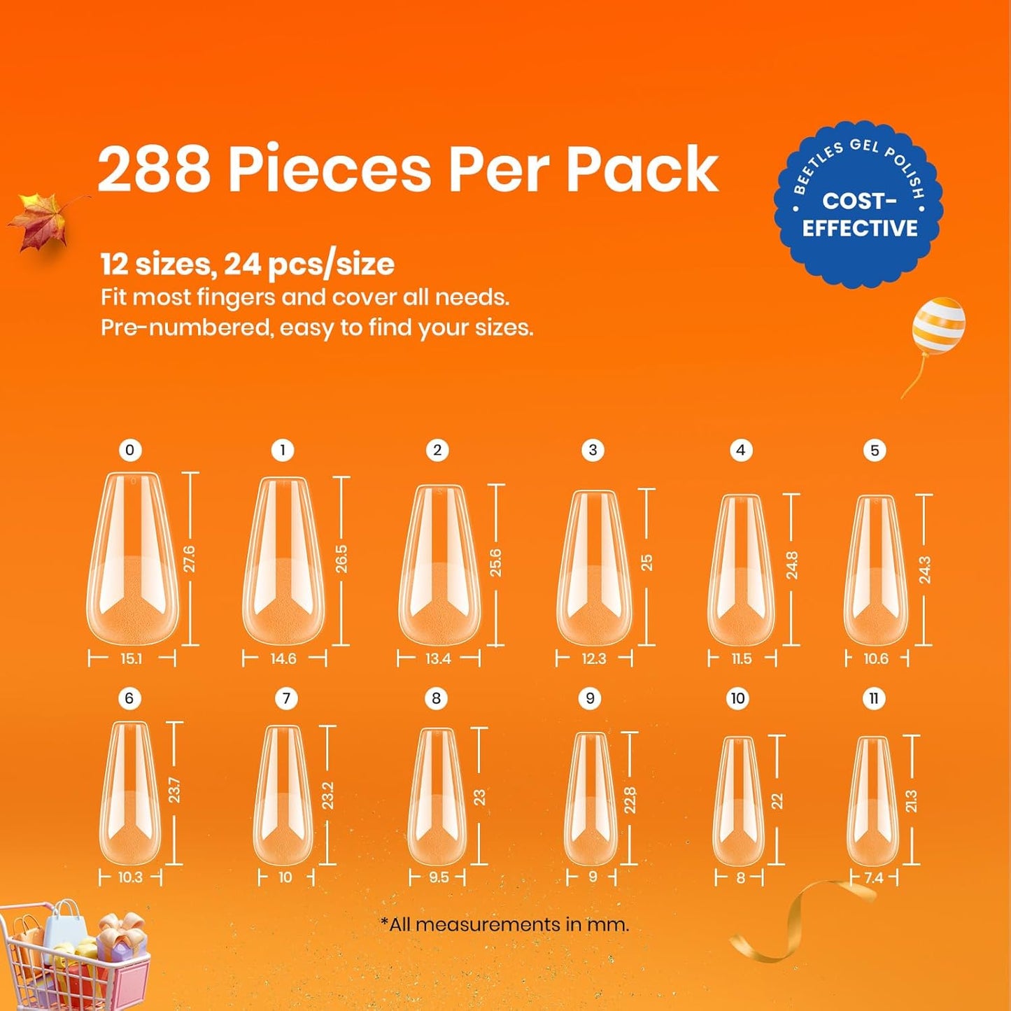 Beetles Gel Nail Tips Medium Coffin Etch X Nail Tips, 12 Sizes 288Pcs Pre Shaped Half Matte Press On Nails Full Cover False Nails for Pastel Spring Nails Acrylic Fake Nails Nail Extensions Kit