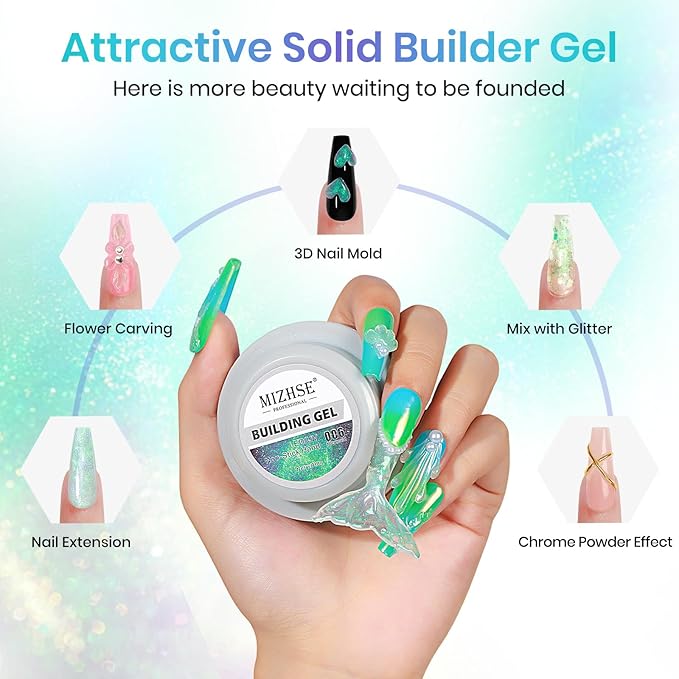 MIZHSE Mermaid Aurora Solid Builder Gel, 1oz Hard Gel for Nails 3D Non-sticky Builder Gels Polish Soak Off for Nails Salon Home DIY Manicure