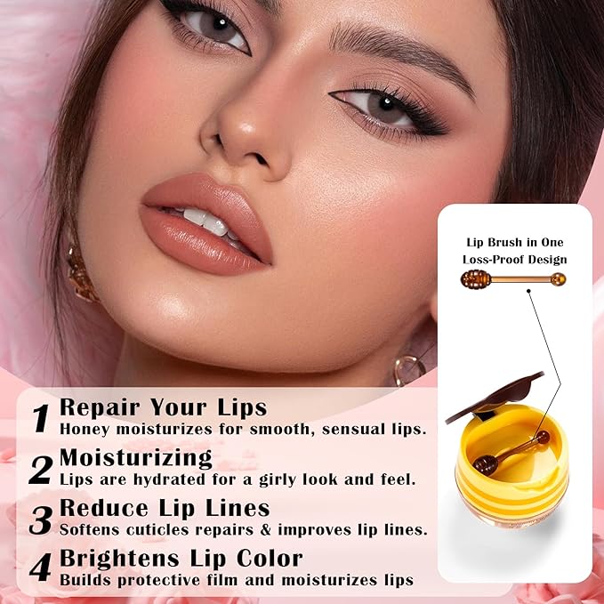 Honey Pot Lip Balm,3PCS Bee Lip Balm Honey Pot Cherry Watermelon Lip Scrub,Fade Lip Lines Prevention Dry and Cracked Lip Mask Overnight (Honey+Watermelon+Cherry)