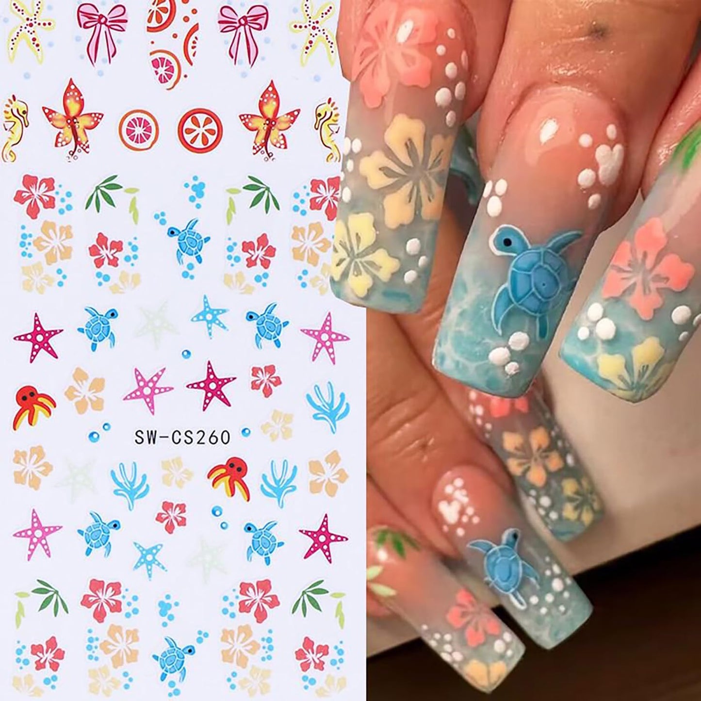 6 Sheets Ocean Style Nail Art Stickers 3D Self -Adhesive Starfish Sea Turtles Nail Decals Holographic Flower Bow Nail Stickers Summer Floral Seahorse Nail Decoration for Women Manicure Supplies