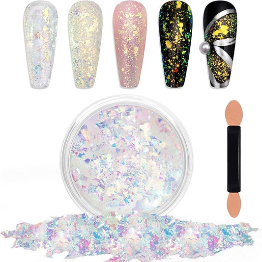 Laza Blue Green Chameleon Flakes Nail Glitter Irregular Opal Nail Foil Flakes Chunky Confetti Color-Shift Sequins Iridescent Fairy Dust for Mermaid Nails Design, Nail Decorations for Nail Art