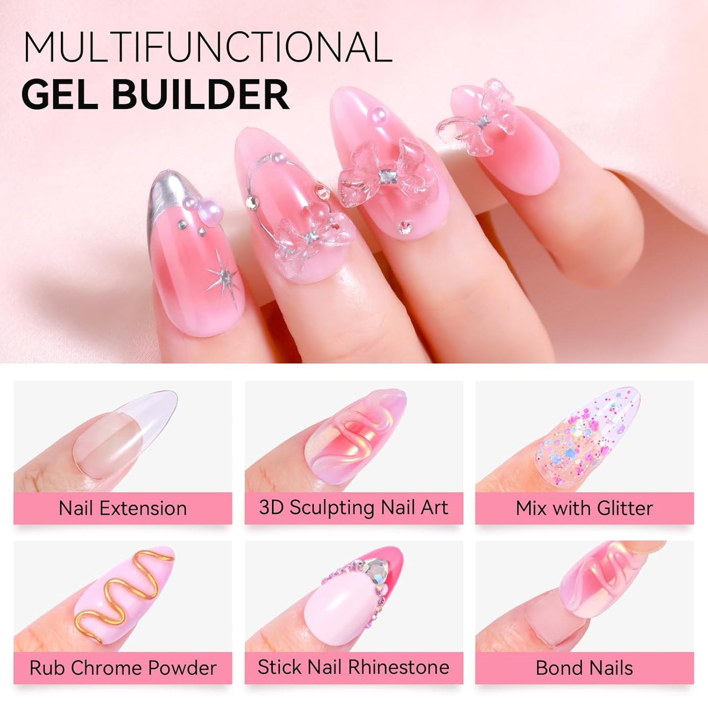 Makartt 3D Gel Nail Art: 50g 3D Nail Gel Clear Non-sticky 3d Sculpting Gels, 4-in-1 Solid Gels Builder for Extension, UV Glue for Acrylic Tips, Rhinestones & 3d Carving for Home Salon DIY