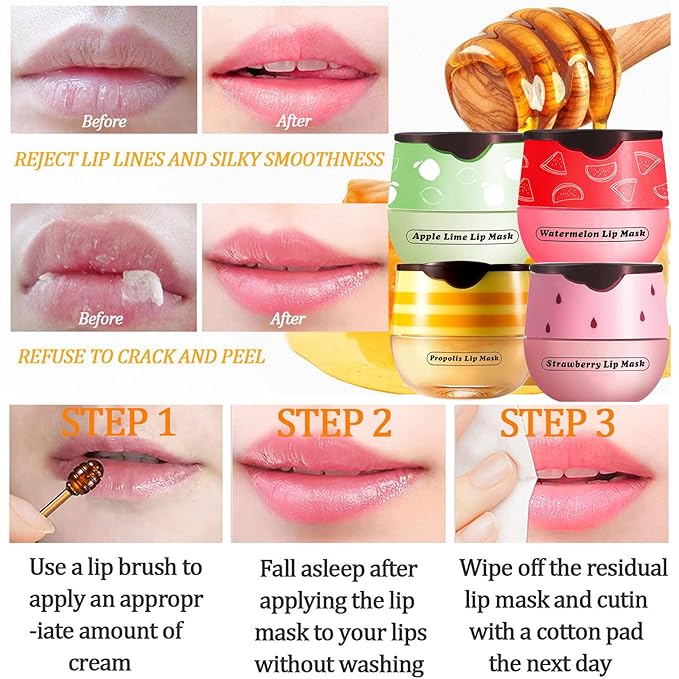 Honey Lip Balm Pot, 3 Pcs Honey & Apple Lime & Watermelon Lip Mask Propolis Lip Mask Moisturizing Hydrating Prevention Dry and Cracked Lip Scrubs Exfoliator