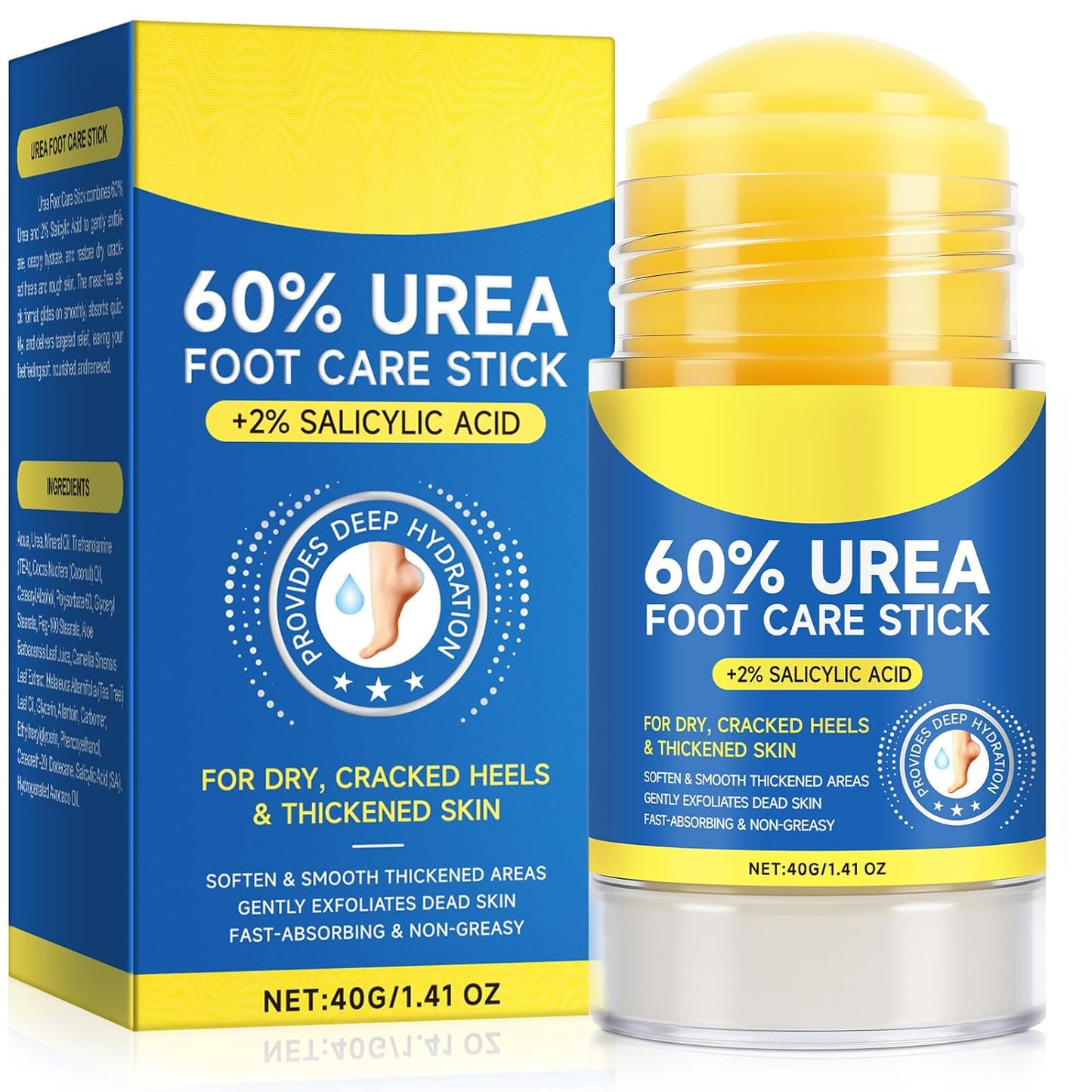 60% Urea with 2% Salicylic Acid Urea Foot Care Stick, Foot Cream Moisturizer for Dry Cracked Feet, Knees, Elbows, Hands,Moisturizes and Hydrates the Dry Skin,Callus Remover & Skin Softener -1.41oz