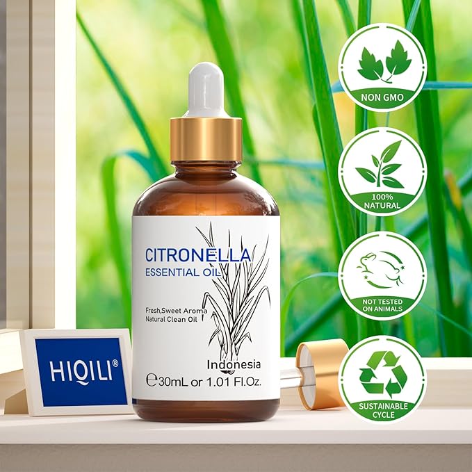 HIQILI 1 Fl Oz Citronella Essential Oil, 100% Pure Undiluted for Aromatherapy Diffuser for Home - 30ML