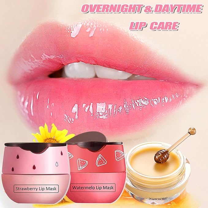 3 PCS Bee Lip Balm Honey Pot, Honey&Strawberry&Watermelon Lip Sleeping Mask Hydrating Prevention Dry and Cracked Lip Scrubs Exfoliator Lip Care, Overnight Lip Mask Reduces Lip Lines