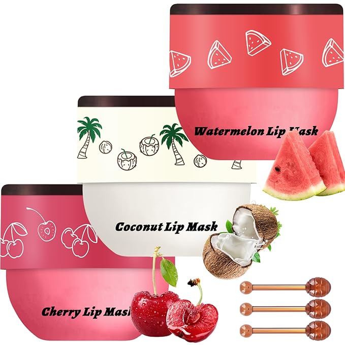 3 PCS Bee Lip Balm Lip Mask Honey Pot, Watermelon & Cherry & Coconut Lip Mask Propolis Moisturizing Lip, Hydrating Prevention Dry and Cracked Lip Scrubs Exfoliator (Watermelon & Cherry & Coconut)
