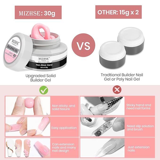 MIZHSE Solid Builder Gel, Nail Sculpture Gel Non-Sticky 4 Colors Nude Clear White Pink Hard Builder Nails UV LED Nail Extension for Salon Manicure Home DIY
