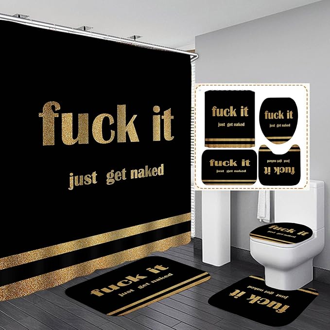 4PCS Gold Glitter Get Naked Shower Curtain Set, Funny Quote Stripe Luxury Glam Modern Dorm Bathroom Decor, Waterproof Fabric Black Shower Curtain, Non-Slip Bath Mat Toilet Rug, Just Get Naked